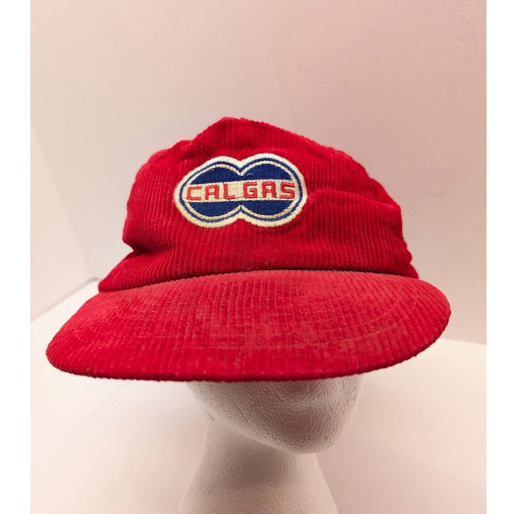 Vintage 80s Cal Gas Corduroy Snapback Hat Red California Liquid Gas Trucker Cap